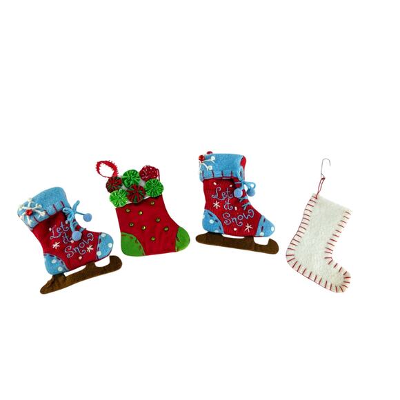 Vintage Let It Snow Mini Stocking Ornaments Set of 4 Felt Corduroy Style - Picture 9 of 11